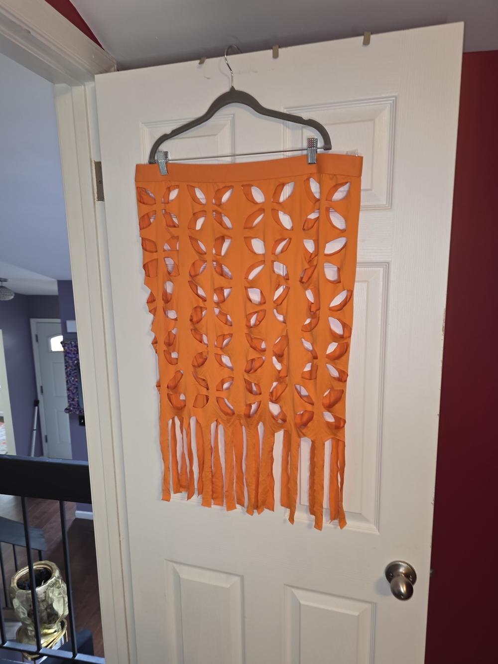Orange Cutout Fringe Midi Skirt